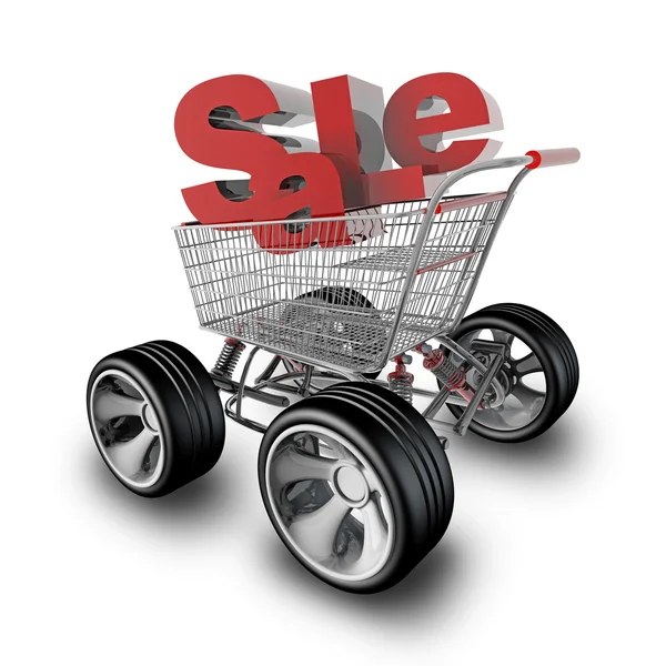 Kavram Satılık. büyük araba tekerlek yüksek çözünürlükte 3d render ile alışveriş sepeti — Stok fotoğraf