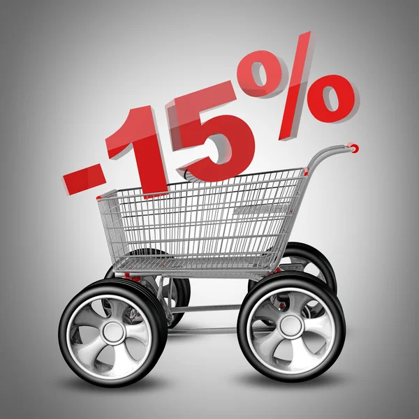 Concept SALE discount 15 percent. shopping cart with big car wheel High resolution 3d render — Stock Photo, Image