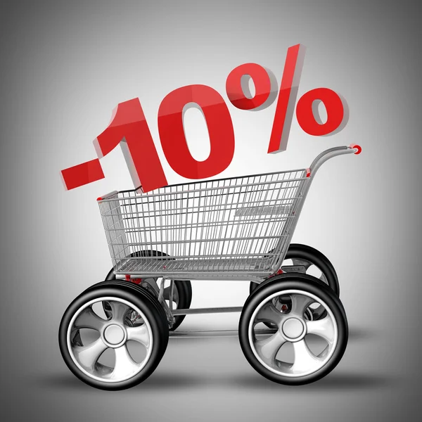 Concepto VENTA descuento 10 por ciento. carrito de compras con rueda de coche grande de alta resolución 3d render —  Fotos de Stock