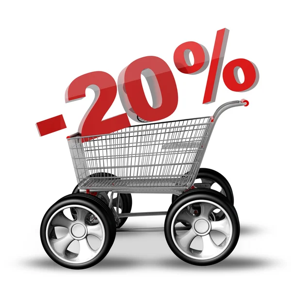 Koncept prodej sleva 20 procent. nákupní košík s velké auto kola vysoké rozlišení 3d render — Stock fotografie