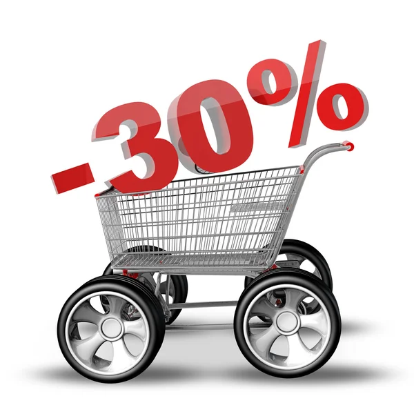Concept SALE discount 30. shopping cart with big car wheel High resolution 3d render — Stock Photo, Image