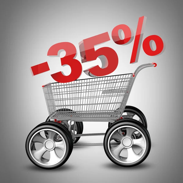 Concept SALE discount 35 percent. shopping cart with big car wheel High resolution 3d render — Stock Photo, Image