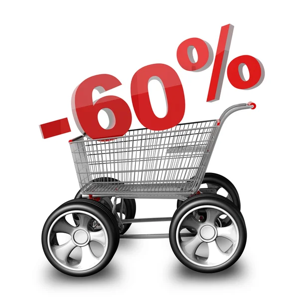 Concept SALE discount 60 percent. shopping cart with big car wheel High resolution 3d render — Stock Photo, Image