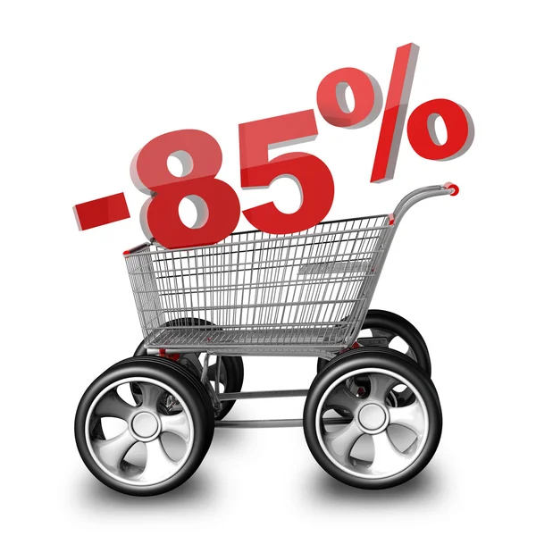 Concepto VENTA descuento 85 por ciento. carrito de compras con rueda de coche grande de alta resolución 3d render —  Fotos de Stock