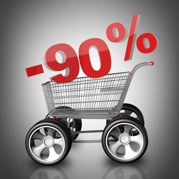 Concepto VENTA descuento 90 por ciento. carrito de compras con rueda de coche grande de alta resolución 3d render —  Fotos de Stock
