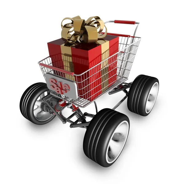 Concept SALE. shopping cart with big car wheel and RED christmas gift box isolated on white background High resolution 3d render — Stock Photo, Image