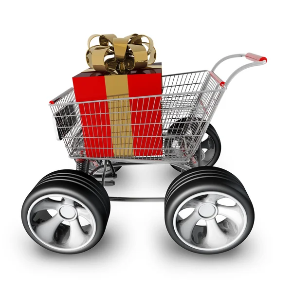 Concept SALE. shopping cart with big car wheel and RED christmas gift box isolated on white background High resolution 3d render — Stock Photo, Image