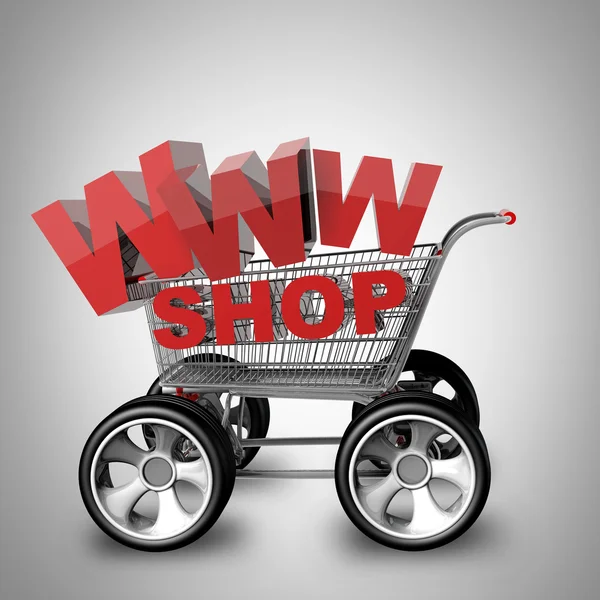 Concepto WWW SHOP. carrito de compras con rueda de coche grande — Foto de Stock