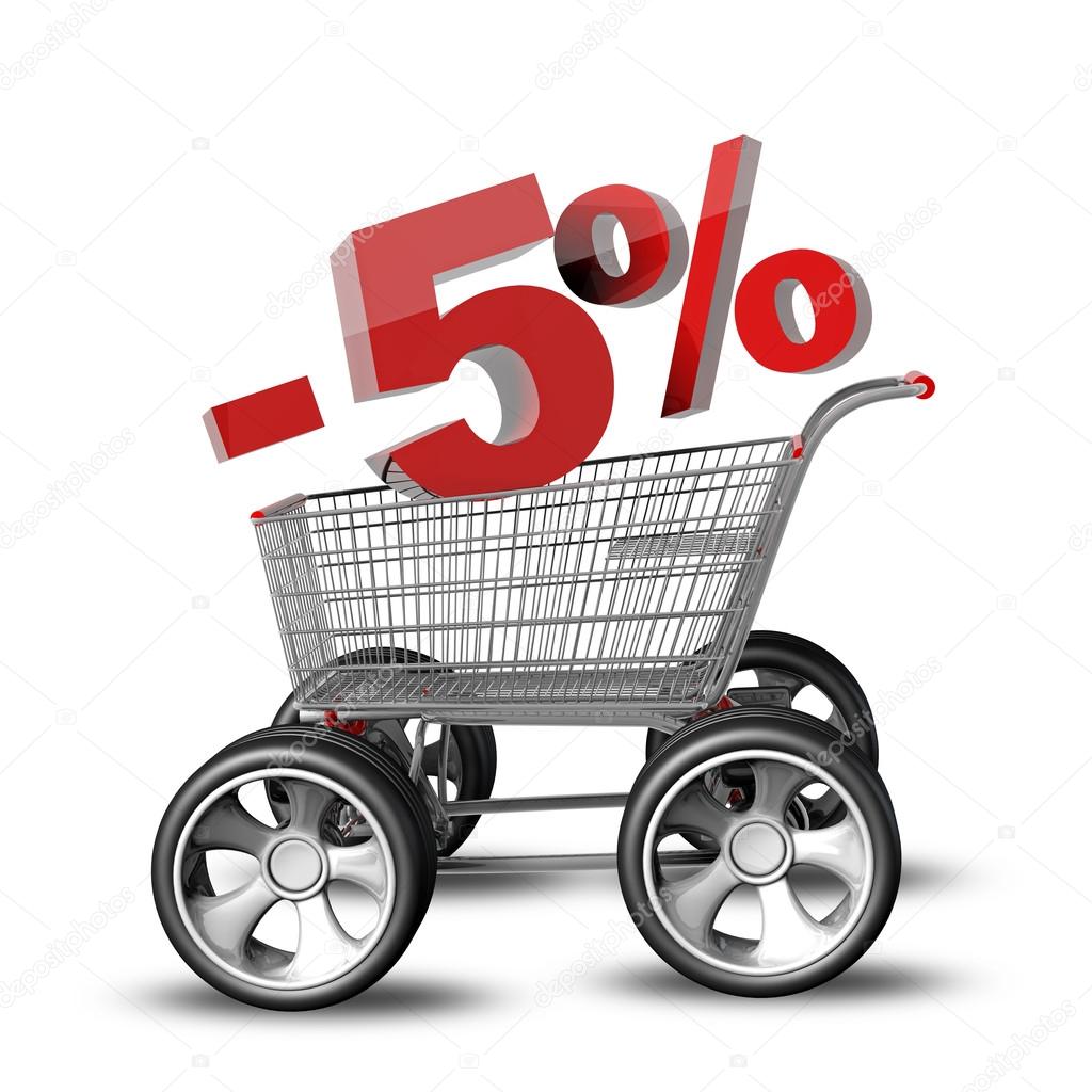 Concept SALE discount 5 percent. shopping cart with big car wheel High resolution 3d render