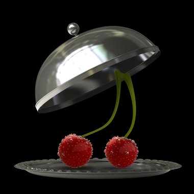 Açık boş metal gümüş tabak veya cloche çift kiraz