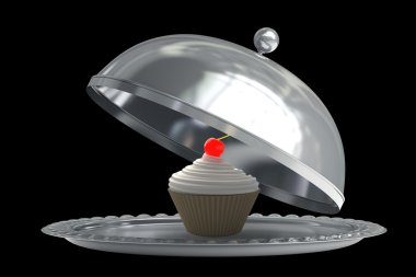 open metal silver platter or cloche with cup-cake creme fraiche and cherry clipart