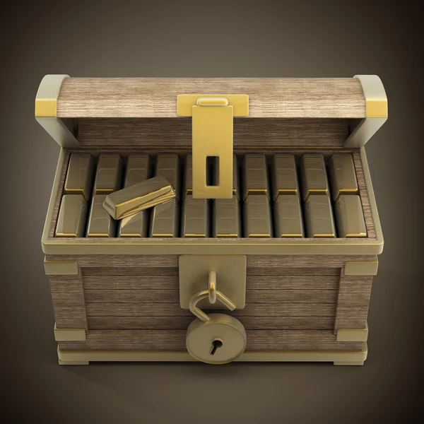 Caixa de madeira com ouro — Fotografia de Stock