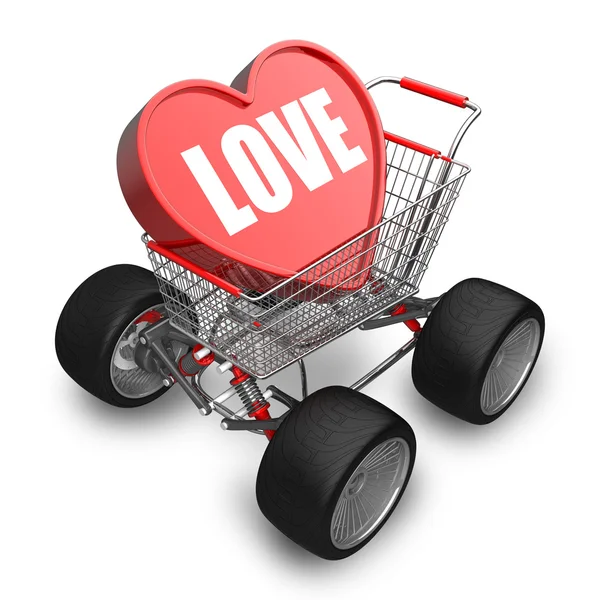 LOVE cart with big car wheel — Stock Photo, Image