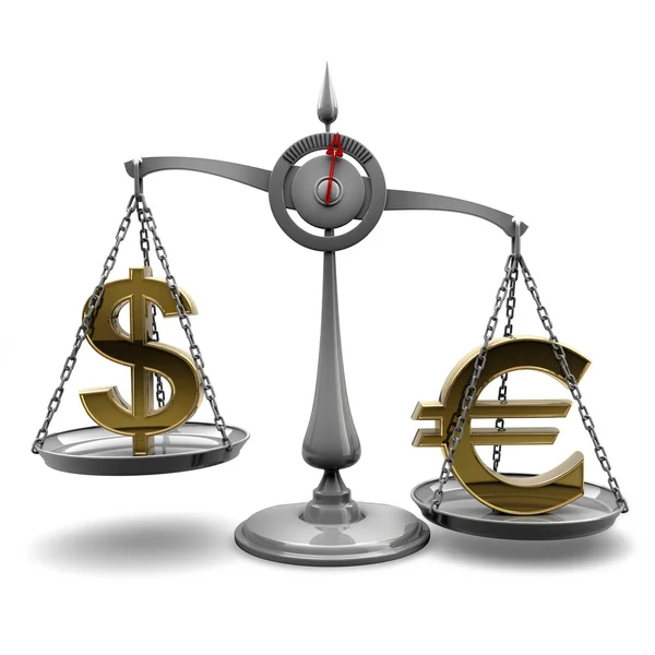 Měřítko se symboly měny euro vs nás dolar — Stockfoto
