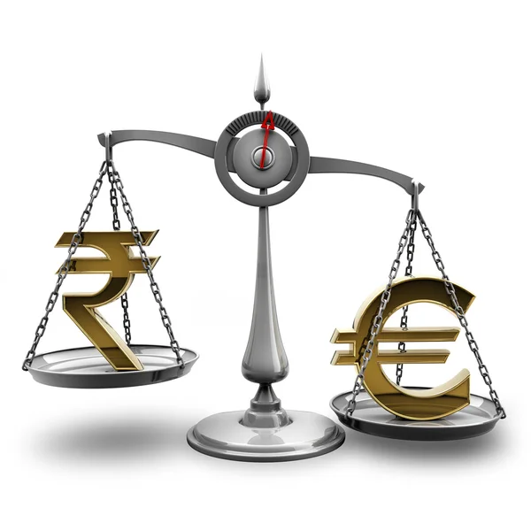 Scale with symbols of currencies Euro vs Indian rupee — Stock Photo, Image