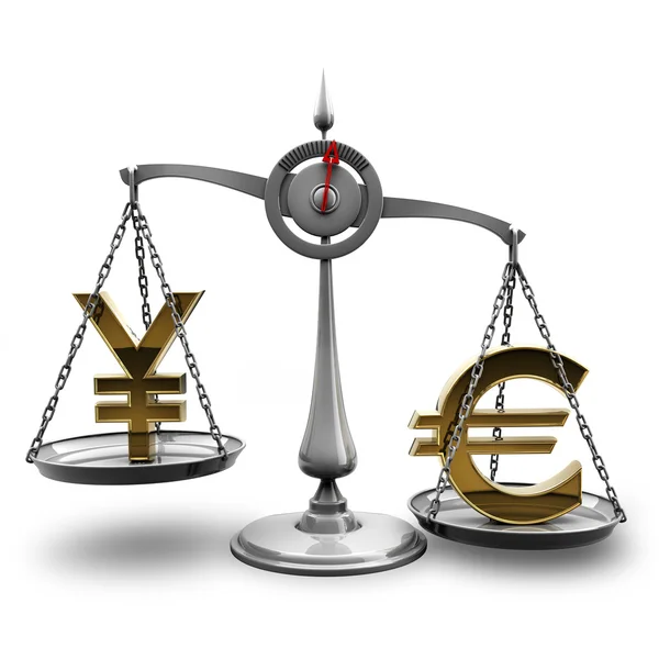 Scale with symbols of currencies Euro vs Japanese yen — Stock Photo, Image