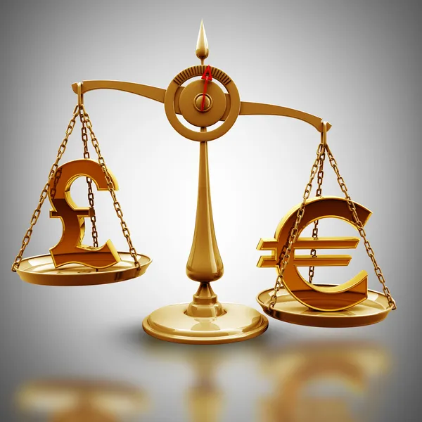 Scale with symbols of currencies Euro vs British pound — Stock Photo, Image