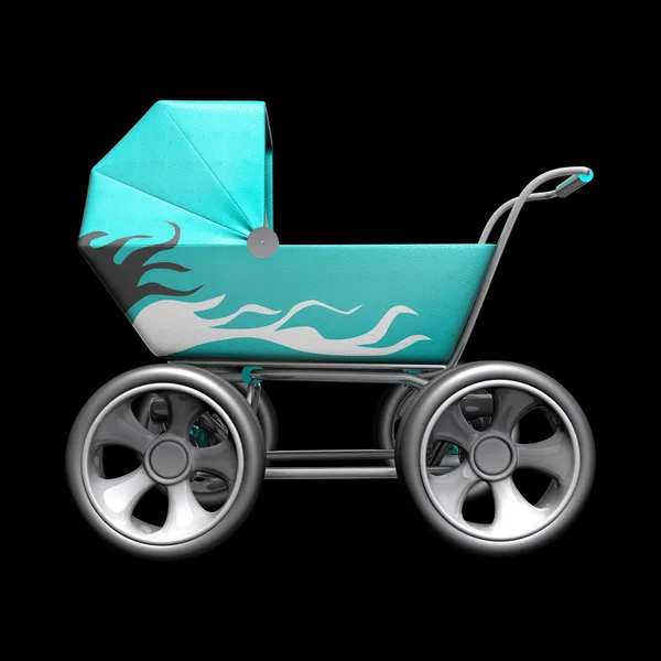 Super chariot bébé bleu avec grande roue de voiture — Photo