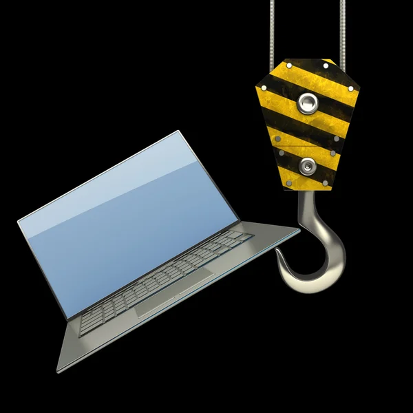 Yellow crane hook lifting laptop — Stock Photo, Image