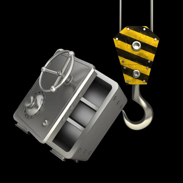 Yellow crane hook lifting steel bank safe — Stock Photo, Image