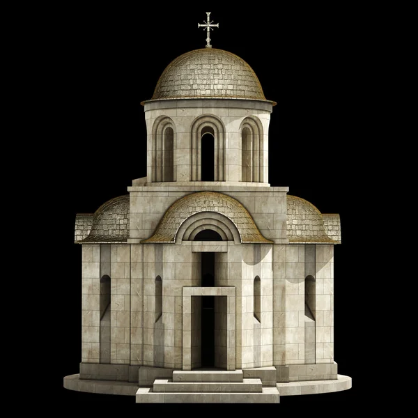 Chrześcijański Kościół z kamienia na białym tle na czarnym tle — Zdjęcie stockowe
