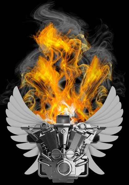 Хромированный мотоциклетный двигатель с крыльями в огне — стоковое фото