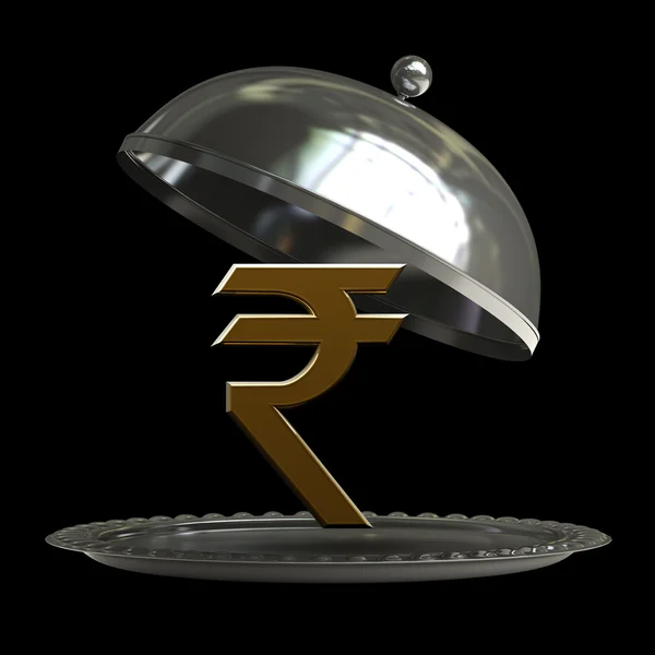 Open metaal zilveren schotel of cloche met Indiase rupee symbool — Stockfoto