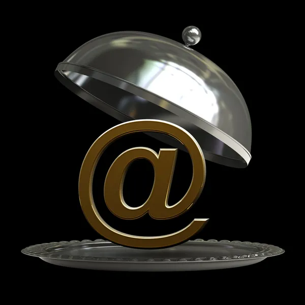 Bandeja de plata de metal vacía abierta o cloche con símbolo de correo —  Fotos de Stock