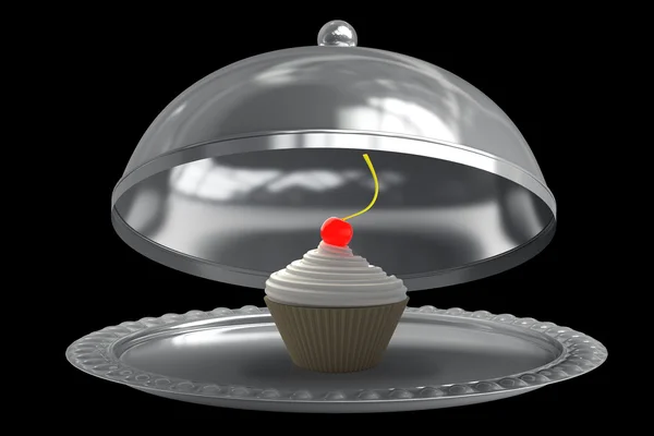 Open metal silver platter or cloche with cup-cake creme fraiche and cherry — Stock Photo, Image