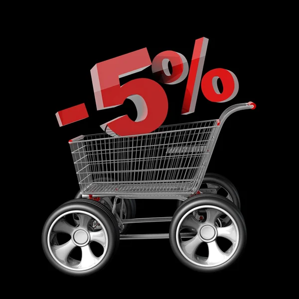 Begreppet försäljning rabatt 5 procent. kundvagn med stor bil rullar — Stockfoto