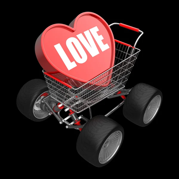 Concept LOVE cart with big car wheel — Stock Photo, Image