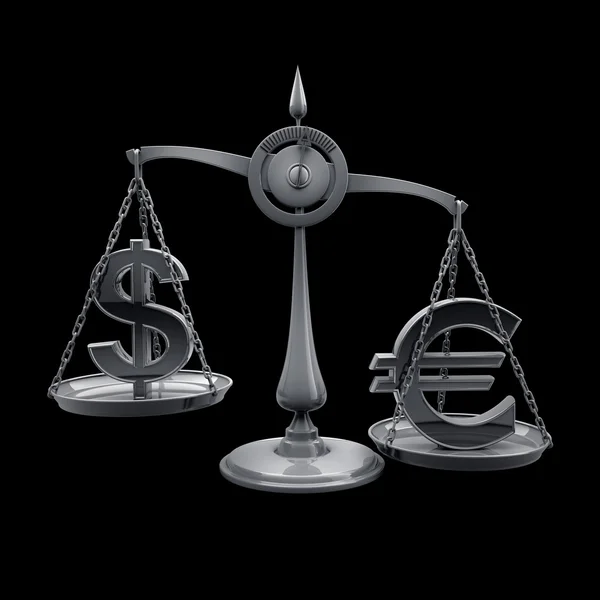 Scale with symbols of currencies Euro vs US dollar High resolution 3d render — Stock Photo, Image