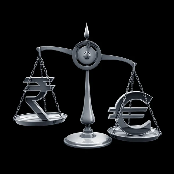 Scale with symbols of currencies Euro vs Indian rupee High resolution 3d render — Stock Photo, Image