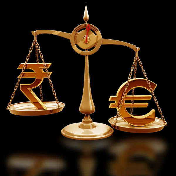 Golden Scale with symbols of currencies Euro vs Indian rupee — Stock Photo, Image