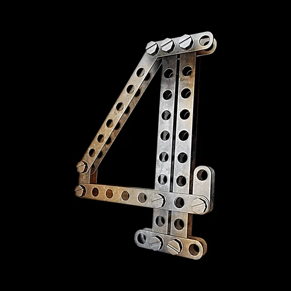 Metallic figure (4) with rivets and screws isolated on black background — Stock Photo, Image