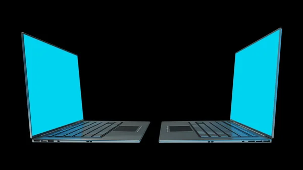 Representación 3d de dos portátiles con gráficos azules aislados sobre fondo negro — Foto de Stock