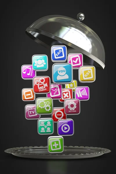 Silver platter or cloche with APPS icons — Stock Photo, Image