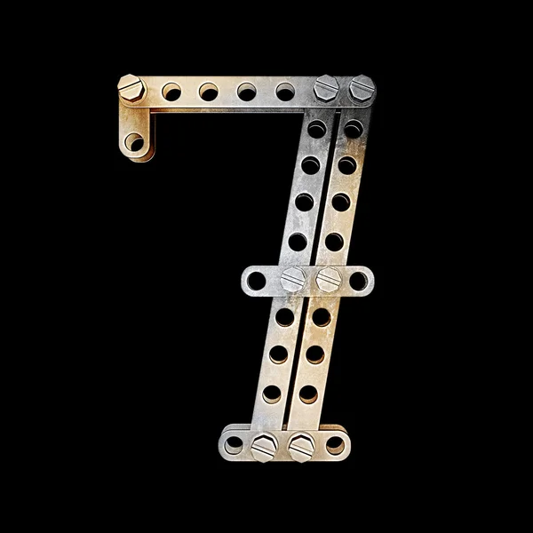 Metallic figure (7) with rivets and screws isolated on black background — Stock Photo, Image