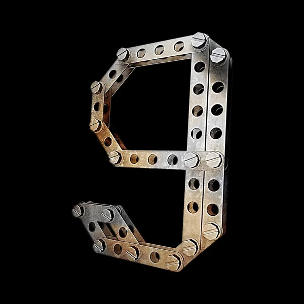 Metallic figure (9) with rivets and screws isolated on black background — Stock Photo, Image