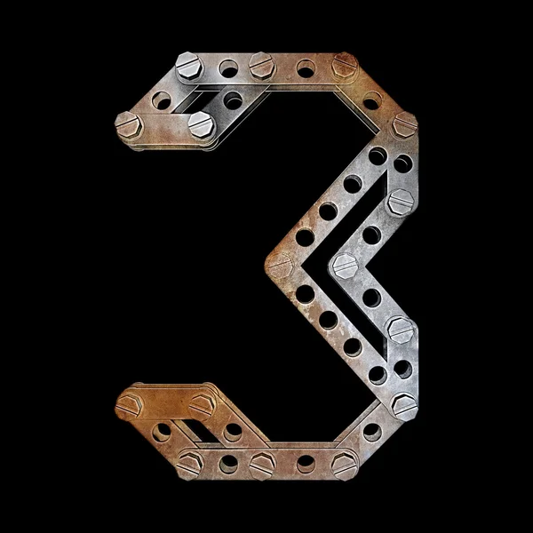 Metallic figure (3) with rivets and screws isolated on black background — Stock Photo, Image