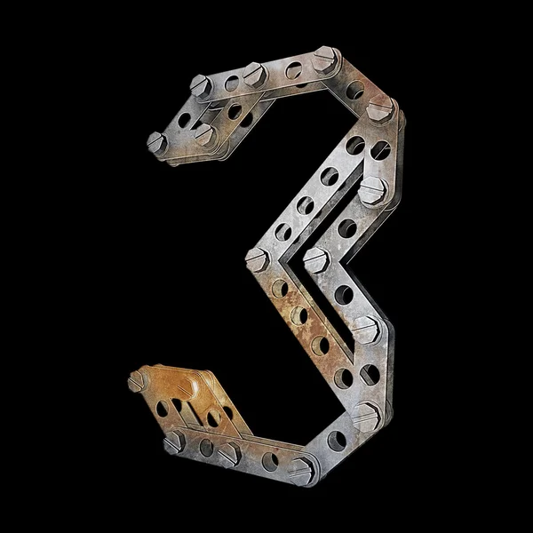 Metallic figure (3) with rivets and screws isolated on black background — Stock Photo, Image