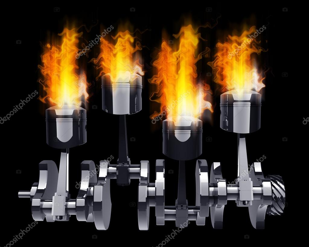 Pistones del motor y engranaje en el fuego de alta resolución 3d