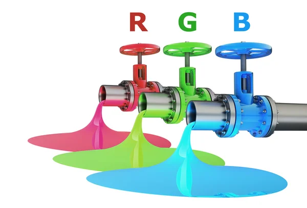 Concepto tubería RGB Stopcock aislado sobre fondo wihte alta resolución 3D —  Fotos de Stock