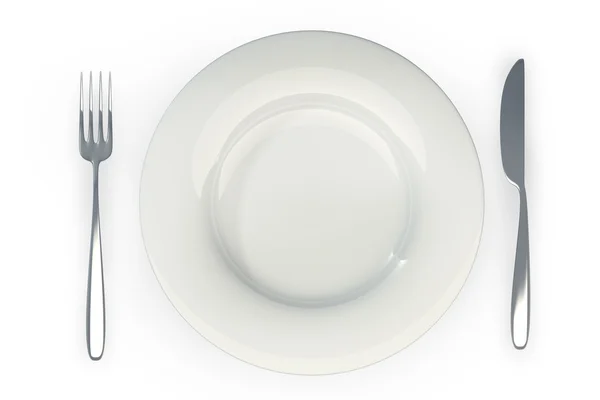 Knife, white plate and fork isolated on white background High resolution 3d — Stock Photo, Image