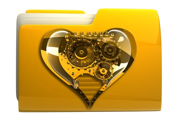 Yellow folder with Mechanical heart Icon — Stock Photo, Image