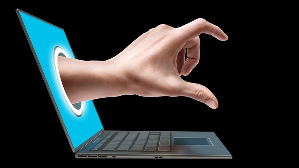 Hand come out from a screen of a laptop computer — Stock Photo, Image