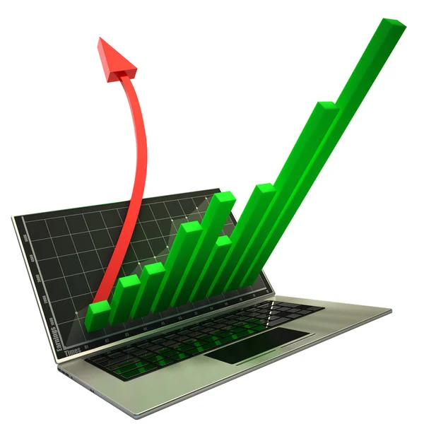 3d laptop with graph and red arrow — Stock Photo, Image