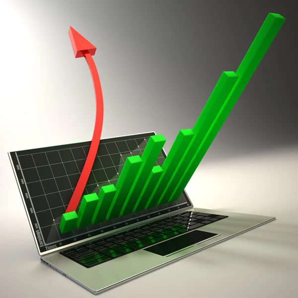 Grafik ve kırmızı ok ile 3D dizüstü — Stok fotoğraf