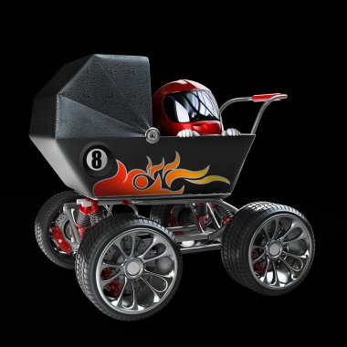 Bebek? arriage ile kask içinde küçük yarışçı