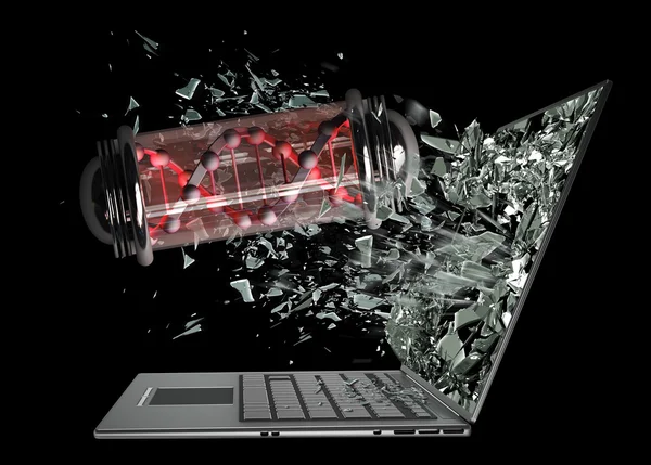 Capsule with virus exit by laptop screen isolated — Stock Photo, Image